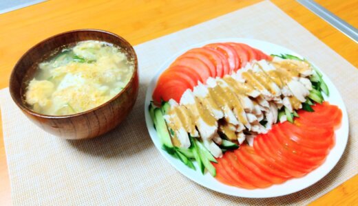 超簡単！棒々鶏（バンバンジー）と親子玉子スープ【単身赴任平日夕食】