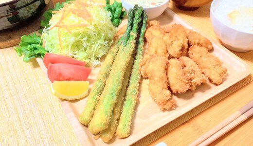 地元産の牡蠣とアスパラのフライ定食！【男一人の休日夕食】