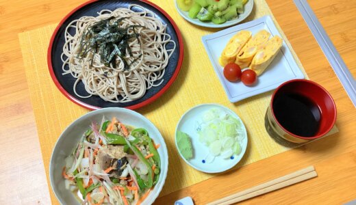 サバ缶と野菜のレンジ煮と玉子焼きとざるそば！【男一人の平日夕食】