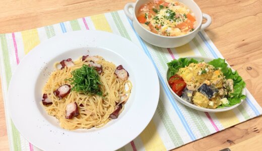 たこと大葉のパスタとレモンさば缶のポテトサラダ【男一人のランチ】