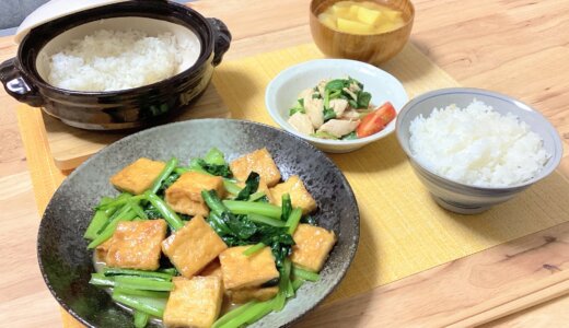 厚揚げと小松菜のバターしょう油炒め＆鶏ささみと三つ葉のだしびたし【男一人の平日夕食】