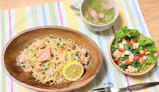 さけの中骨水煮缶のパスタ！【男一人の休日夕食】