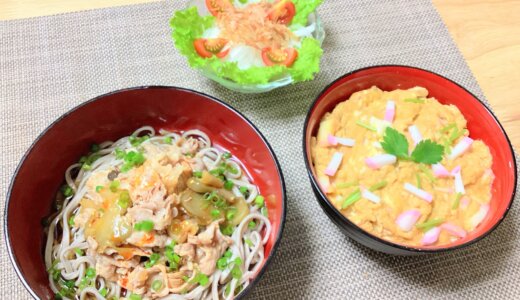 豚肉とザーサイのっけ蕎麦と玉子丼！【男一人の休日夕食】