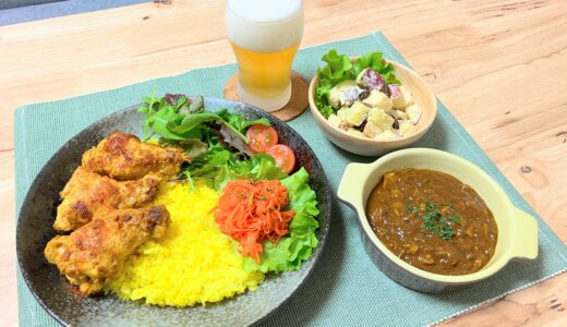 タンドリーチキンとキャロットラペ＆さば缶カレー 【男一人のクリスマスランチ】